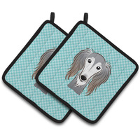 "Caroline's Treasures Checkerboard Blue Saluki Pair of Pot Holders BB1167PTHD, 7.5HX7.5W, Multicolor"