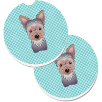 "Caroline's Treasures Checkerboard Blue Yorkie Puppy Set of 2 Cup Holder Car Coasters BB1170CARC, 2.56, Multicolor"