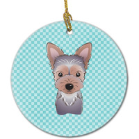 Checkerboard Blue Yorkie Puppy Ceramic Ornament BB1170CO1