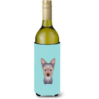Checkerboard Blue Yorkie Puppy Wine Bottle Beverage Insulator Hugger BB1170LITERK