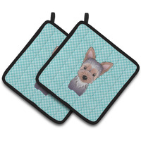 "Caroline's Treasures Checkerboard Blue Yorkie Puppy Pair of Pot Holders BB1170PTHD, 7.5HX7.5W, Multicolor"