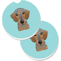 "Caroline's Treasures Checkerboard Blue Wirehaired Dachshund Set of 2 Cup Holder Car Coasters BB1171CARC, 2.56, Multicolor"