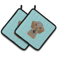 "Caroline's Treasures Checkerboard Blue Wirehaired Dachshund Pair of Pot Holders BB1171PTHD, 7.5HX7.5W, Multicolor"