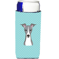 Checkerboard Blue Italian Greyhound Ultra Beverage Insulators for slim cans
