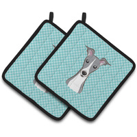 "Caroline's Treasures Checkerboard Blue Italian Greyhound Pair of Pot Holders BB1174PTHD, 7.5HX7.5W, Multicolor"