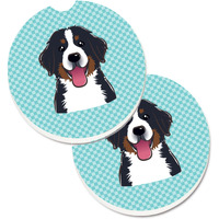 "Caroline's Treasures Checkerboard Blue Bernese Mountain Dog Set of 2 Cup Holder Car Coasters BB1175CARC, 2.56, Multicolor"