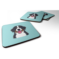 "Caroline's Treasures BB1175FC Checkerboard Blue Bernese Mountain Dog Foam Coaster (Set of 4), 3.5"" H x 3.5"" W, Multicolor"