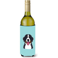 Checkerboard Blue Bernese Mountain Dog Wine Bottle Beverage Insulator Hugger BB1175LITERK