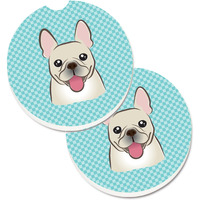"Caroline's Treasures Checkerboard Blue French Bulldog Set of 2 Cup Holder Car Coasters BB1176CARC, 2.56, Multicolor"