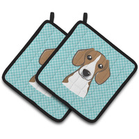 "Caroline's Treasures Checkerboard Blue Beagle Pair of Pot Holders BB1177PTHD, 7.5HX7.5W, Multicolor"