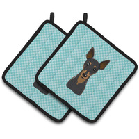 "Caroline's Treasures Checkerboard Blue Min Pin Pair of Pot Holders BB1178PTHD, 7.5HX7.5W, Multicolor"