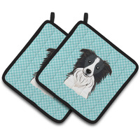 "Caroline's Treasures Checkerboard Blue Border Collie Pair of Pot Holders BB1179PTHD, 7.5HX7.5W, Multicolor"
