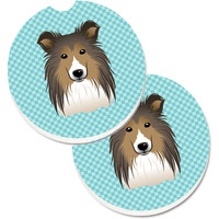 "Caroline's Treasures Checkerboard Blue Sheltie Set of 2 Cup Holder Car Coasters BB1180CARC, 2.56, Multicolor"