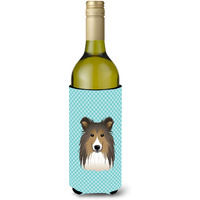 Checkerboard Blue Sheltie Wine Bottle Beverage Insulator Hugger BB1180LITERK
