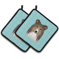 "Caroline's Treasures Checkerboard Blue Sheltie Pair of Pot Holders BB1180PTHD, 7.5HX7.5W, Multicolor"