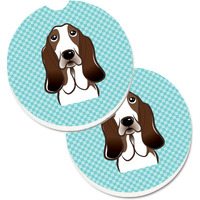"Caroline's Treasures Checkerboard Blue Basset Hound Set of 2 Cup Holder Car Coasters BB1181CARC, 2.56, Multicolor"