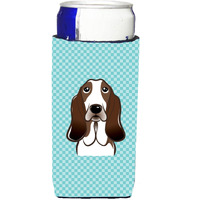 Checkerboard Blue Basset Hound Ultra Beverage Insulators for slim cans BB1181MUK