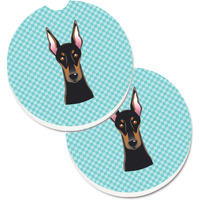 "Caroline's Treasures Checkerboard Blue Doberman Set of 2 Cup Holder Car Coasters BB1183CARC, 2.56, Multicolor"
