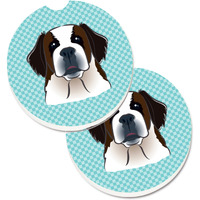 "Caroline's Treasures Checkerboard Blue Saint Bernard Set of 2 Cup Holder Car Coasters BB1184CARC, 2.56, Multicolor"