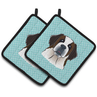 "Caroline's Treasures Checkerboard Blue Saint Bernard Pair of Pot Holders BB1184PTHD, 7.5HX7.5W, Multicolor"