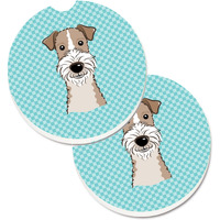 "Caroline's Treasures Checkerboard Blue Wire Haired Fox Terrier Set of 2 Cup Holder Car Coasters BB1185CARC, 2.56, Multicolor"
