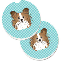 "Caroline's Treasures Checkerboard Blue Papillon Set of 2 Cup Holder Car Coasters BB1186CARC, 2.56, Multicolor"