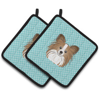 "Caroline's Treasures Checkerboard Blue Papillon Pair of Pot Holders BB1186PTHD, 7.5HX7.5W, Multicolor"
