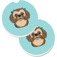 "Caroline's Treasures Checkerboard Blue Chocolate Brown Shih Tzu Set of 2 Cup Holder Car Coasters BB1187CARC, 2.56, Multicolor"
