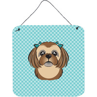 "Caroline's Treasures Checkerboard Blue Chocolate Brown Shih Tzu Wall or Door Hanging Prints, 6 x 6"""