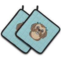 "Caroline's Treasures Checkerboard Blue Chocolate Brown Shih Tzu Pair of Pot Holders BB1187PTHD, 7.5HX7.5W, Multicolor"