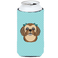 Checkerboard Blue Chocolate Brown Shih Tzu Tall Boy Beverage Insulator Hugger BB1187TBC