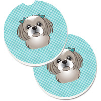 "Caroline's Treasures Checkerboard Blue Gray Silver Shih Tzu Set of 2 Cup Holder Car Coasters BB1188CARC, 2.56, Multicolor"