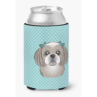 Checkerboard Blue Gray Silver Shih Tzu Can or Bottle Hugger BB1188CC