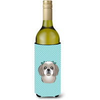 Checkerboard Blue Gray Silver Shih Tzu Wine Bottle Beverage Insulator Hugger BB1188LITERK