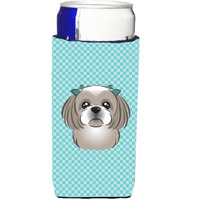 Checkerboard Blue Gray Silver Shih Tzu Ultra Beverage Insulators for slim cans