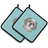 "Caroline's Treasures Checkerboard Blue Gray Silver Shih Tzu Pair of Pot Holders BB1188PTHD, 7.5HX7.5W, Multicolor"