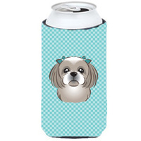 Checkerboard Blue Gray Silver Shih Tzu Tall Boy Beverage Insulator Hugger BB1188TBC