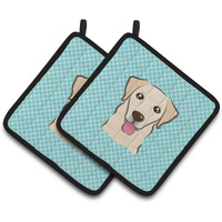 "Caroline's Treasures Checkerboard Blue Golden Retriever Pair of Pot Holders BB1190PTHD, 7.5HX7.5W, Multicolor"