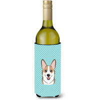 Checkerboard Blue Corgi Wine Bottle Beverage Insulator Hugger BB1191LITERK