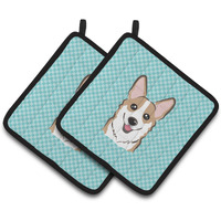 "Caroline's Treasures Checkerboard Blue Corgi Pair of Pot Holders BB1191PTHD, 7.5HX7.5W, Multicolor"
