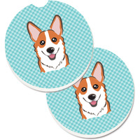 "Caroline's Treasures Checkerboard Blue Corgi Set of 2 Cup Holder Car Coasters BB1192CARC, 2.56, Multicolor"