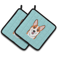"Caroline's Treasures Checkerboard Blue Corgi Pair of Pot Holders BB1192PTHD, 7.5HX7.5W, Multicolor"