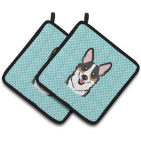 "Caroline's Treasures Checkerboard Blue Corgi Pair of Pot Holders BB1193PTHD, 7.5HX7.5W, Multicolor"
