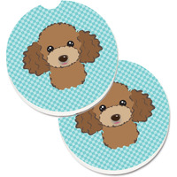 "Caroline's Treasures Checkerboard Blue Chocolate Brown Poodle Set of 2 Cup Holder Car Coasters BB1194CARC, 2.56, Multicolor"