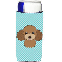 Checkerboard Blue Chocolate Brown Poodle Ultra Beverage Insulators for slim cans