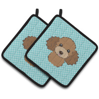 "Caroline's Treasures Checkerboard Blue Chocolate Brown Poodle Pair of Pot Holders BB1194PTHD, 7.5HX7.5W, Multicolor"