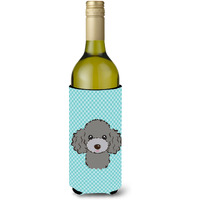 Checkerboard Blue Silver Gray Poodle Wine Bottle Beverage Insulator Hugger BB1197LITERK