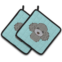 "Caroline's Treasures Checkerboard Blue Silver Gray Poodle Pair of Pot Holders BB1197PTHD, 7.5HX7.5W, Multicolor"