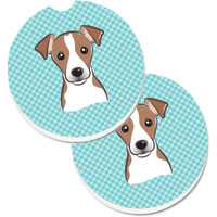 "Caroline's Treasures Checkerboard Blue Jack Russell Terrier Set of 2 Cup Holder Car Coasters BB1198CARC, 2.56, Multicolor"