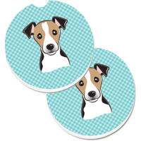 "Caroline's Treasures Checkerboard Blue Jack Russell Terrier Set of 2 Cup Holder Car Coasters BB1199CARC, 2.56, Multicolor"